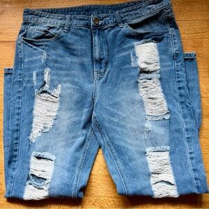 SHEIN Women’s Distressed Straight Leg Jeans Size 36 Medium Wash Ripped Denim 👖